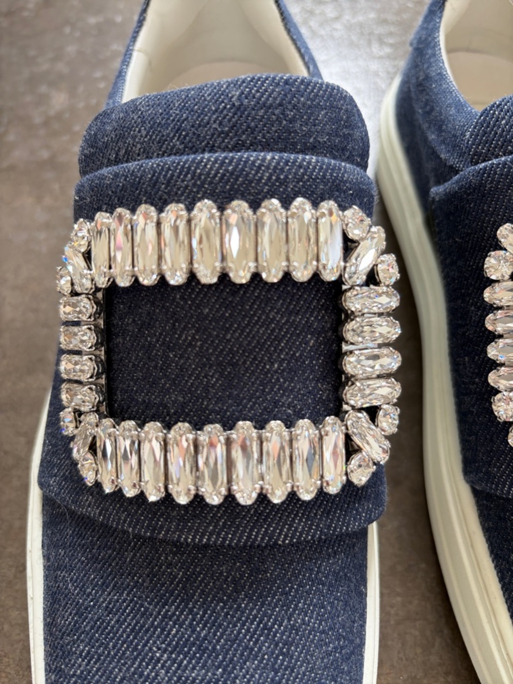 Roger Vivier Navy Denim Slip-On Sneakers with Crystal Buckles - Picture 2 of 6